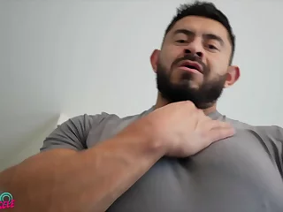 A muscular Latino hunk flaunts his sculpted physique, his tight shirt accentuating every bounce of his chiseled chest. His biceps bulge and his cocky attitude reigns supreme in this muscle worship video.