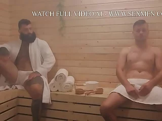 Slim twink Ryan Bailey gets a steamy surprise in the sauna from muscular Markus Kage. Their bareback encounter features intense cock sucking, gagging, and intense anal action, culminating in a hot cumshot.