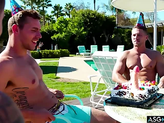 Handsome Carter Woods celebrates his birthday with a pool bash. Roman Todd and Des Irez orchestrate a wild night of bareback anal action, flip-fucking, and ass-fucking. Prepare for a deepthroat, breeding extravaganza, and poolside debauchery.