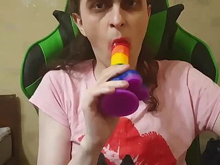 Adorable crossdresser puts on a show, cosplaying on camera while expertly sucking a dildo. Watch her deepthroat skills and homemade sissy blowjob in this amateur video.